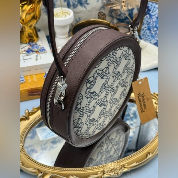 🆕 VIVIENNE WESTWOOD 🧿 NWT Debbie Round Crossbody Bag, Brown & Jacquard - AUTH - Picture 7 of 15